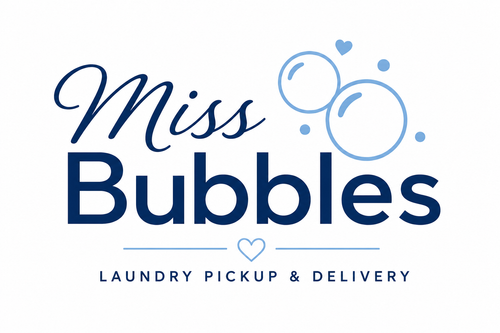 Logo for Miss Bubbles laundry pickup and delivery service with blue text and bubbles on a white background.